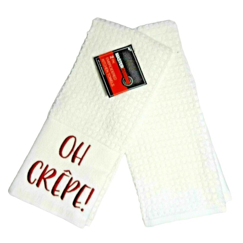 Master Cuisine OH CREPE! Red Embroidered Kitchen Towels White 2-Piece NWT